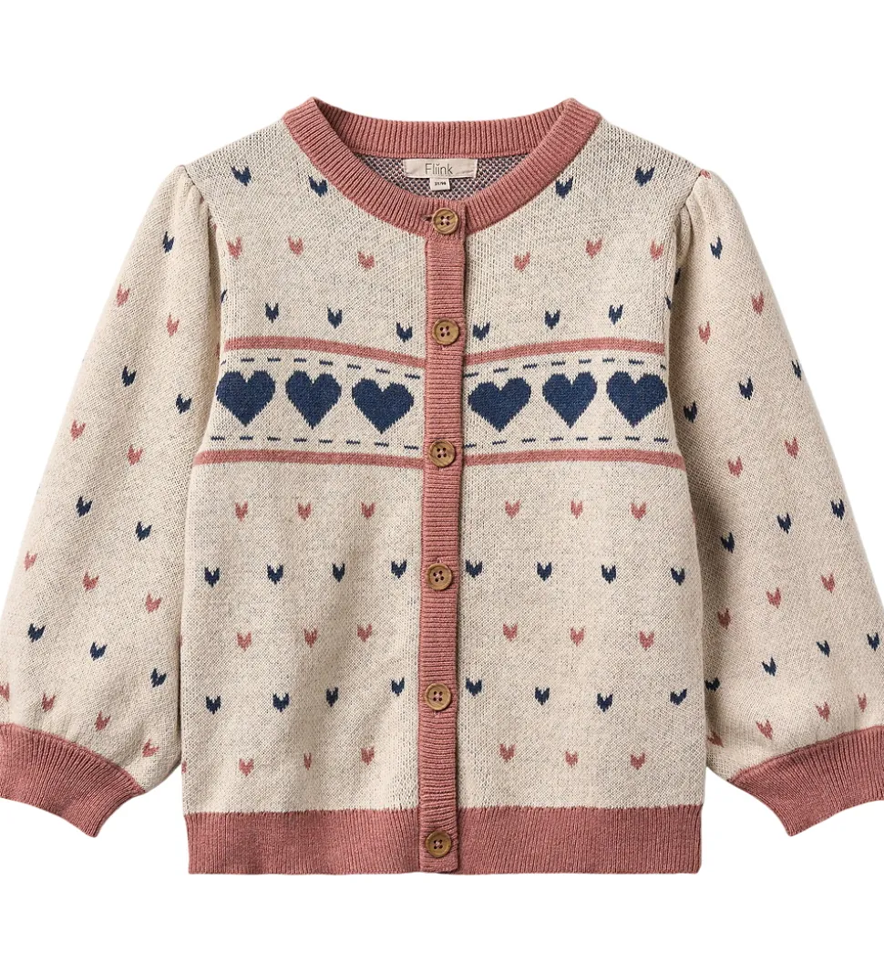 Fliink Cardigan - Bomuld/Uld - Nova - Multi Heart - Sandshell