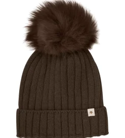 Huttelihut Hue - Uld/Bomuld - Strik - Meleret Mørkebrun m. Kvast