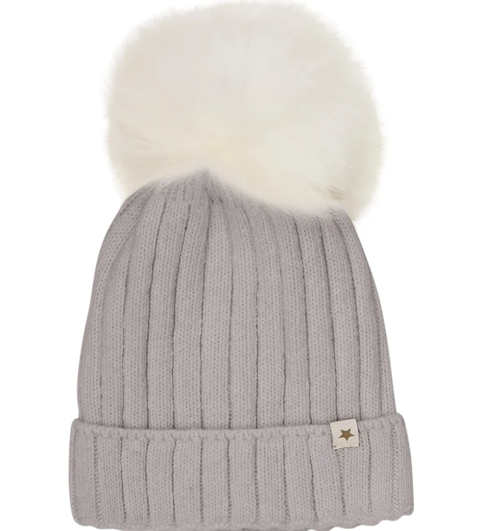 Huttelihut Hue - Uld/Bomuld - Strik - Medium Gråmeleret m. Kvast