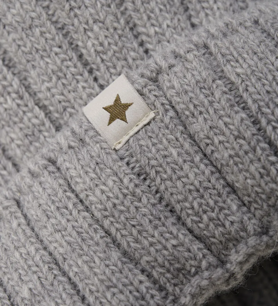 Huttelihut Hue - Uld/Bomuld - Strik - Medium Gråmeleret m. Kvast